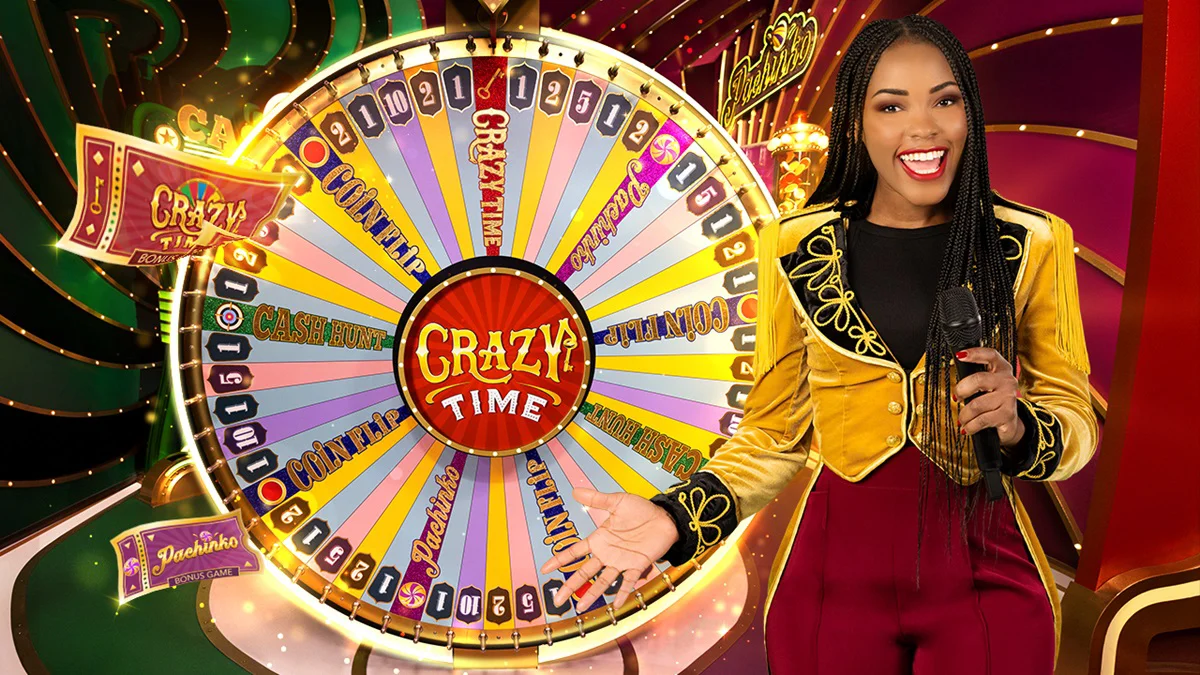 Crazy Time Live Studio Crazy Time live studio with the host standing beside the wheel