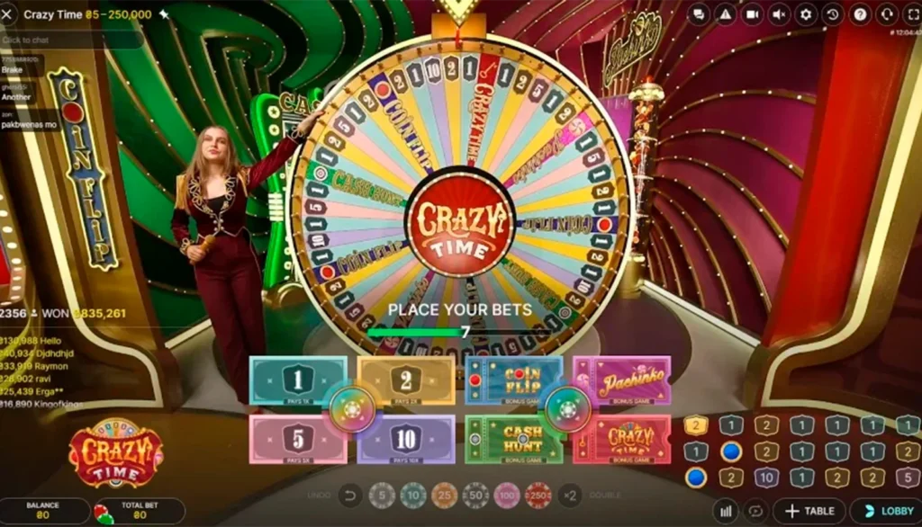 Crazy Time Betting Panel Crazy Time betting interface with stake buttons for 1, 2, 5 and 10